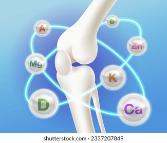Multivitamin concept that nourishes bones knee joints and legs A large number of useful vitamins revolve around the bones. Protect your body and stay healthy. 3d realistic vector file.