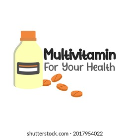 Multivitamin Illustration. Yellow Medicine Bottle With Orange Cap. Underneath The Medicine Bottle There Are Several Medicines Or Multivitamins Scattered About. 