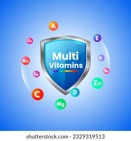 Multivitamin inspiration Protect the body and stay healthy, vitamins shield icon concept.
