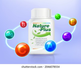 Multivitamin inspired ads from natural extracts Protect your body and stay healthy. vitamin packaging concept. Realistic EPS file.