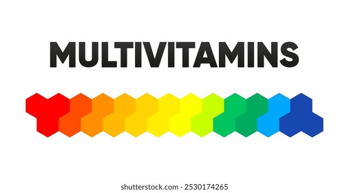Rótulo multivitamínico. Vitaminas conceito ícone. Banner complexo de vitaminas para publicidade, saúde, ciência médica. Nutrientes, minerais que são essenciais para o corpo. Ilustração vetorial.
