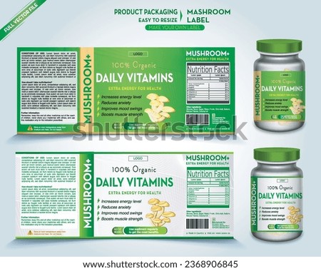 Multivitamin Label, Mushroom Label, Supplement labels, Vector bottle, Bottle label, Nutrition Supplement, Packaging template design, free vector label, Medicine pack