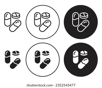 Multivitamin pills vector icon set. pharmaceutical capsule symbol. antibiotic drug tablet medicine icon in black color.