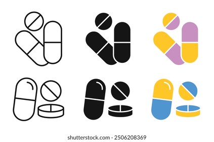 Multivitamin pills vector icon set. pharmaceutical capsule symbol. antibiotic drug tablet medicine icon in black color.