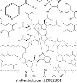 Multivitamin seamless chemistry pattern vitamins molecule supplement flat structure. Chemical formula.