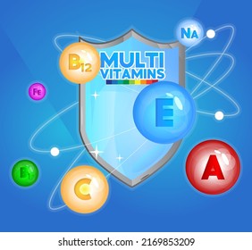 Multivitamin shield concept. Protect the body with vitamin and minerals. Stay healthy, flying vitamins icon.