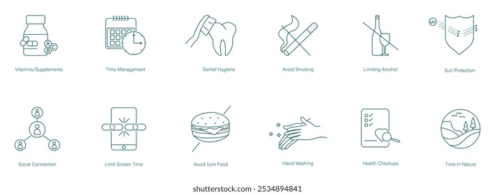 Multivitamínico, Gestión del tiempo, Higiene dental, Evitar fumar, Evitar beber, Protección solar, Conexión social, Tiempo de pantalla limitado, Evitar alimentos chatarra, Lavado de manos, Chequeo médico, Iconos de Naturaleza