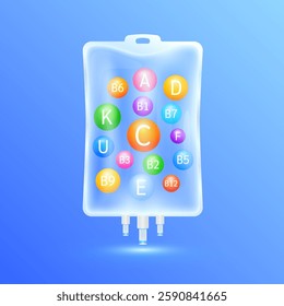 Multivitamin in translucent saline bag on blue background. Vitamins complex used for design dietary supplement products. Medical health care concept. Vector.