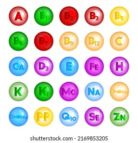 Multivitamin, Vitamin and minerals Vector icon collection. Vitamin A, B1, B2, B3, B5, B6, B7, B9, B12, C, Ca, D3, E, Fe, H, K, K1, Mg, Na, Omega3, Omega6, PP, Q10, Se, Zn icons set.