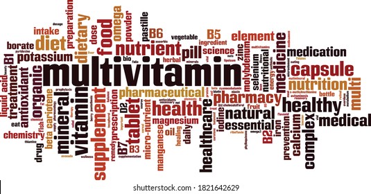 Multivitamin word cloud concept. Collage made of words about multivitamin. Vector illustration svg