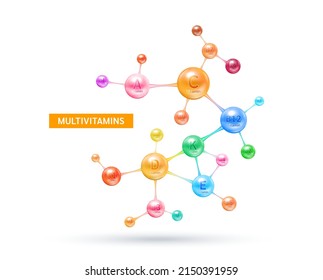 Multivitamins capsules complex, minerals in molecular form. Vitamin isolated on white background vector. Dietary supplement for pharmacy advertisement, vitamins package design. Science medic concept.