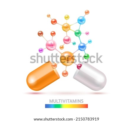 Multivitamins capsules complex, minerals in molecular form. Vitamin isolated on white background vector. Dietary supplement for pharmacy advertisement, vitamins package design. Science medic concept.