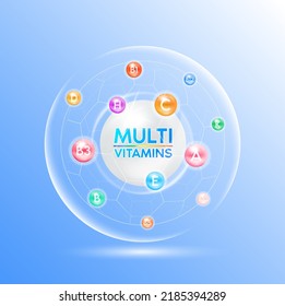 Multivitamins capsules complex, minerals. Vitamin isolated on blue background vector. Dietary supplement for pharmacy advertisement, vitamins package design. Science medic concept. svg