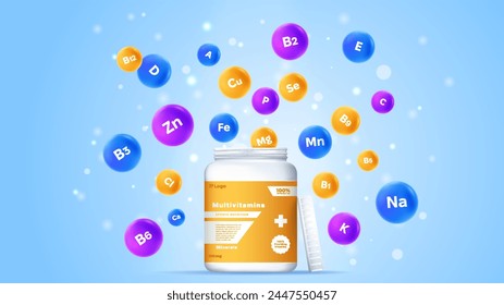 Multivitamingefäße Banner. Komplex verschiedener Vitamine. Magnesium, Zink und Kalzium. Ergänzungen für einen aktiven und gesunden Lebensstil. Poster oder Cover für die Website. Cartoon flache Vektorillustration