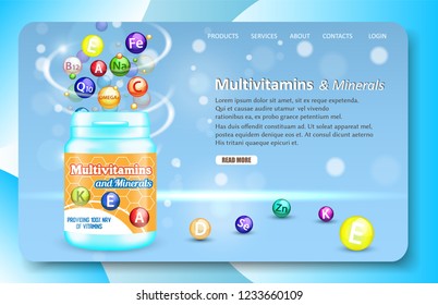 Multivitamins and minerals landing page website template. Vector illustration of vitamin and mineral complex plastic bottle and vitamin pills. Dietary supplement with vitamins and minerals.