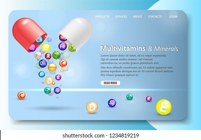 Multivitamins and minerals landing page website template. Vector realistic illustration. Vitamine complex pharmaceutical open capsule with falling out vitamin balls. Vitamin and mineral supplements.