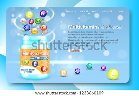 Multivitamins and minerals landing page website template. Vector illustration of vitamin and mineral complex plastic bottle and vitamin pills. Dietary supplement with vitamins and minerals.