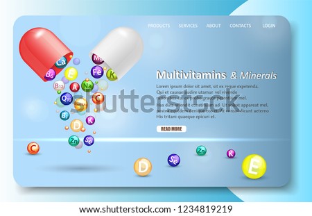 Multivitamins and minerals landing page website template. Vector realistic illustration. Vitamine complex pharmaceutical open capsule with falling out vitamin balls. Vitamin and mineral supplements.