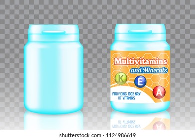 Multivitamins and minerals plastic bottle package mockup set. Vector realistic illustration of blank plastic bottle for vitamin complex and bottle with label isolated on transparent background.