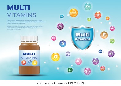 Multivitamins of pill bottle and vitamins bubbles with healthy lifestyle advertising design template. vector shield protection ball glossy color vitamin tablets 