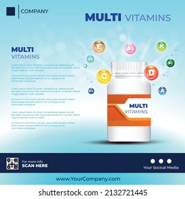 Multivitaminas de burbujas de botellas de píldora y vitaminas con plantilla de diseño de publicidad de estilo de vida saludable. vitamina de bola brillante de color.