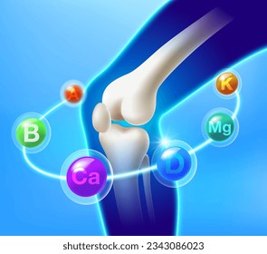 Multivitamins revolve around bone and leg mass. essential nutrients for knee joints and bones Vector illustration for multivitamin ads, medical and healthy lifestyle.