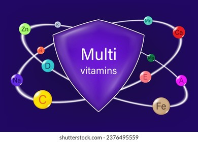 Multivitamins and shields to protect the body and maintain health. Vitamin protection icon concept. Essential vitamin vector.