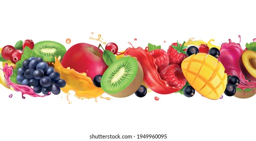 Multy fruit mix juice splash. Splashing of sweet tropical fruits and berries. Realistic vector icon.