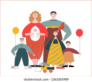 multy generation family. Flat design. Big limbs small heads. style. Trendy people are walking.
