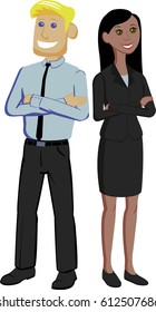 multynational couple of office workers standing  with arms across   
