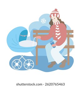Mum with a blue baby stroller in the park. Winter season