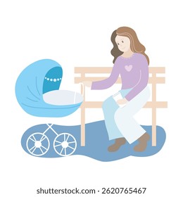Mum with blue baby stroller in park