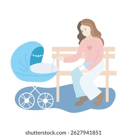 Mum with blue baby stroller in park	