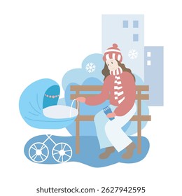 Mum with a blue baby stroller in the park. Winter season