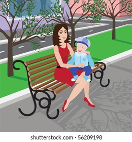 Mum with the child  sits on a bench at the park in the city