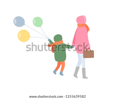 Mum and child turning back in jacket with hoot and scarf in trousers and boots. Mother holding handbag and kid going with balls, vector isolated on white