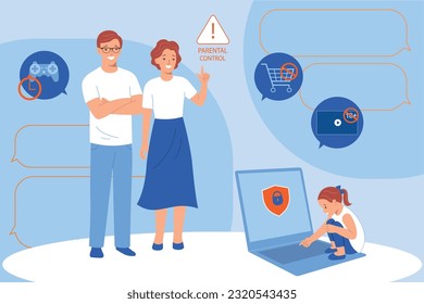 Mum and dad installed parental control protection on laptop of little daughter flat vector illustration