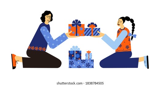 Mum and daughter celebrate New Year together. They gift to each other beautiful blue and orange presents with a big bow. Give a gift. Gift Time.