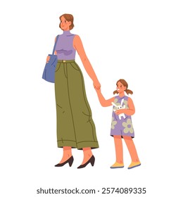 Mum and daughter walking together, mother holding hands with child. Vector isolated people strolling for fun, going home or school. Family time or weekends. Fashionable mommy with bag accessory