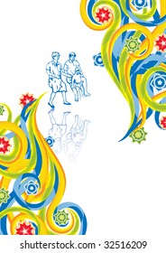 Mum the father and the son in abstract collage. Vector illustration. Isolated groups and layers. Global colors.