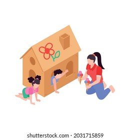 Mum giving ice cream to children on playground 3d isometric vector illustration