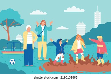 Mum and grandma watching cheerful children jumping in dirt on playground flat vector illustration