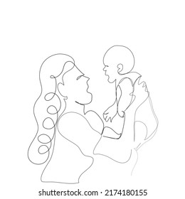 Mum Happy Mother and son playing together.Young Mum holding her cute baby in her arms.Smiling mum hug son on white backgrounds.Vector isolate flat continue line design of Happy Mother's Day.