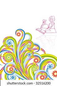 Mum helps to study in the son in abstract collage. Vector illustration. Isolated groups and layers. Global colors.