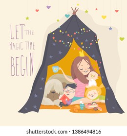 Mum and her kids playing in a tepee tent