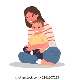 Mum with kid at TV vector illustration. Happy woman, boy, girl sitting together on couch at home, watching movie. Young couple with children