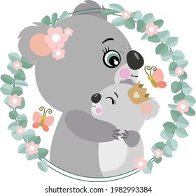 Mum koala hugging her baby on eucalyptus leaves frame
