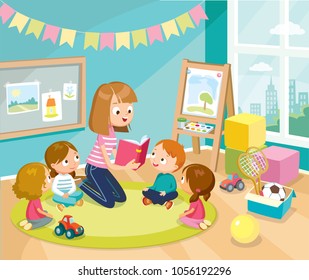 Mum nurse teacher reading book to children kids pupils in a kindergarden classroom at  primary school, pre-school, home.Reading books for kids. Babysitting. Children listen to teacher.