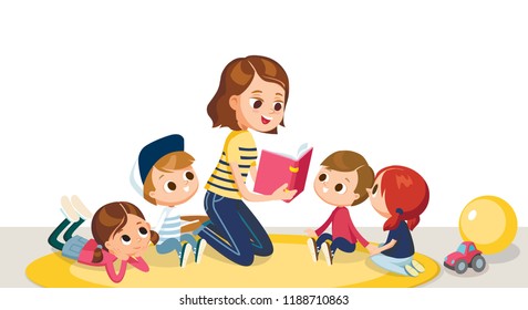 Mum nurse teacher reading book to children kids pupils in a kindergarden classroom at  primary school, pre-school, home.Reading books for kids. Babysitting. Children listen to teacher.