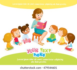 Mum Nurse Teacher Reading Book To Children Kids Pupils In A Kindergarden Classroom At  Primary School, Pre-school, Home.Reading Books For Kids. Babysitting. Children Listen To Teacher.